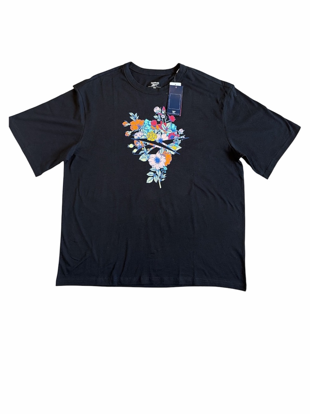 Reebok Black Short Sleeve Tee with Multicolor Floral Chest Logo